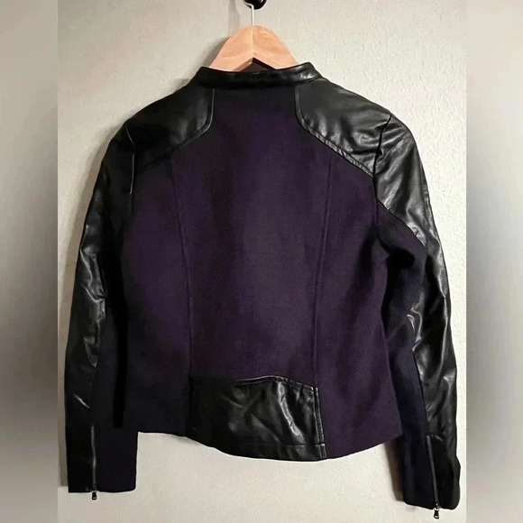 DKNY Vegan Leather Motorcycle Jacket, Blue & Black, Size XS - Picture 2 of 8